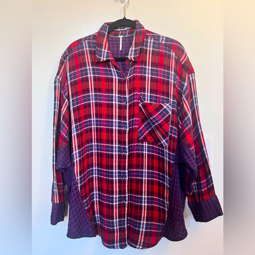 Free People Red and Navy Plaid Button-Up Shirt